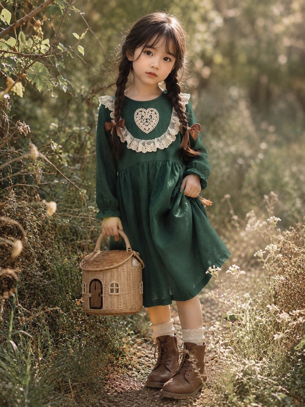 Merriest Ever Woodland Magic Evergreen Lace Heart Muslin Dress 6/7